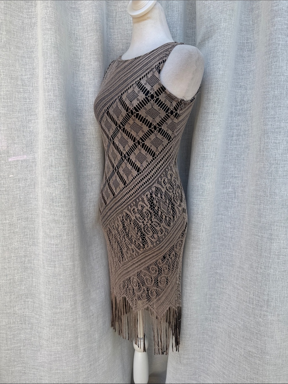 1990 Double Fault sleeveless taupe black mini dress diagonal lace fringe hem - Picture 2 of 8